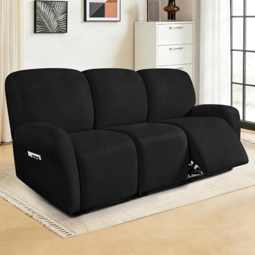 Image of ANARACHON Leather Look Recliner Couch Cover 8-Piece Recliner Sofa Slipcovers 3 Seater for Reclining Couches Furniture Protector Spandex Fabric Washable (Recliner Sofa,256Black)