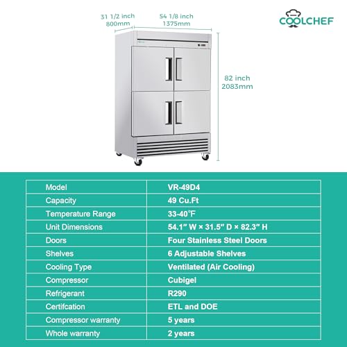 Image of COOLCHEF 54 inch Commercial Refrigerator 49 Cu.Ft, Stainless Steel 4-Door Reach-in Fridge, 33-40℉, Air Cooling, LED Light, 6 Shelves, R290, ETL