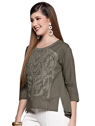 Image of ishin Women's Olive Embroidered High-Low Regular Fit Top
