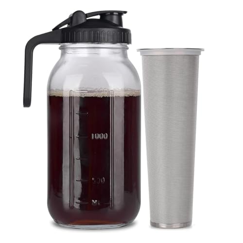 Cold Brew Coffee Maker Pitcher, 64 oz(2 Quart) Thick Glass Mason Jar with Heavy Duty Stainless Steel...