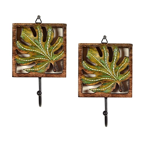 Image of AAKRITI ART CREATIONS Autumn Leaf Towel Hanger with Single Hook | Rustic Wood Wall Organizer with 2 Hooks | Storage Hook for Towels, Cloths, Napkins | Multifunctional Wall Decor Item