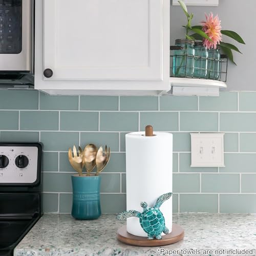 Turtle Paper Towel Holder - Coastal Decor for Home Ocean Decor Beach House Beachy Themed, Sea Turtle Gifts for Women, Cute Decorative Paper Towel Holder Stand Countertop Kitchen Nautical Teal Wood - Image 2