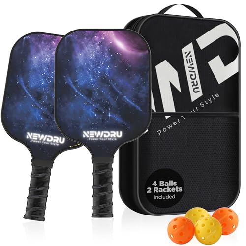 Image of NEWDRU Pickleball Paddle Set 2 Rackets & 4 Ball - Fiberglass Surface for Power & Control | Honeycomb Base Cushion Comfort Grip (2 Rackets, 4 Outdoor Balls & Portable Racquet Bag) - Space & Stars