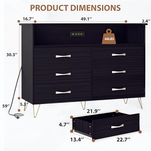 Image of Dresser for Bedroom with 6 Drawers, Wide Wood Chest of Drawers with Charging Station & RGB LED Lights - Storage and Organization Dresser for Living Room, Closet, Hallway, MDF Cabinet, Black