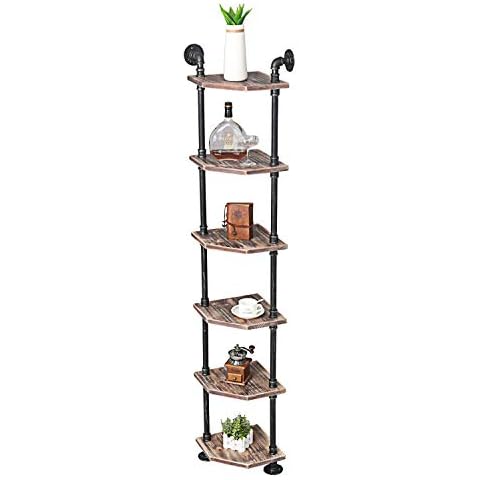 MBQQ Industrial Pipe Shelves Modern/Rustic Corner Book Shelves with Real Wood,Corner 6-Tier Bookshelf Display Stand,Metal Standing Home Decor Shelf Units Cover