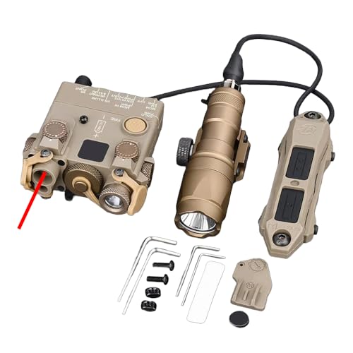 HATSEN Nylon DL-A2 Box Aiming Laser Sights(with Red Laser+IR Laser+Flashlight&Mount),& M300A Strong LED White Flashlight,& Modular Dual Wire Remote Pressure Switch(SF+2.5 Plug) Combo,Tan