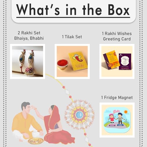 Image of CraftVatika Rakhi for Brother and Bhabhi with Gift Set Combo, Rakhi Set of 2 for Bhaiya Bhabhi, Kundan Meenakari Couple Pair Bhai Bhabhi Rakhi, Rakhis for Rakshabandhan, Fridge Magnet for Door Decor