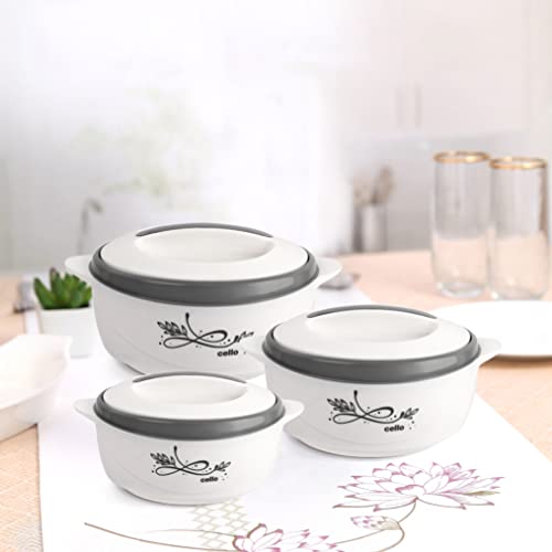 Image of CELLO Sapphire Insulated Casserole Hot Pot Case Set of 3 Pcs (500ml, 1000ml, 1500ml) White | Double Wall Insulated Hot Pot Case Keeps Food Fresh & Hot for Long Hours | Casserole Set for Roti & Rice