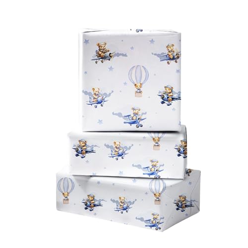 Image of Cuitpan Baby Shower Wrapping Paper Roll - Blue Bears in Hot Air Balloon & Airplane Design for Baby Boy, Birthday Gift Wrap, Baby Shower Decor - 17 inches x 16.5 Feet,Cut Lines on Back