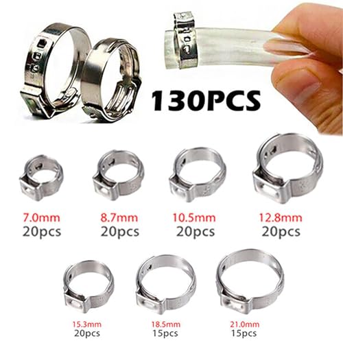 Bohaner Hose Clamps 6-21 mm Single Ear 130pcs 304 Stainless Steel Assortment, Silver - Image 4