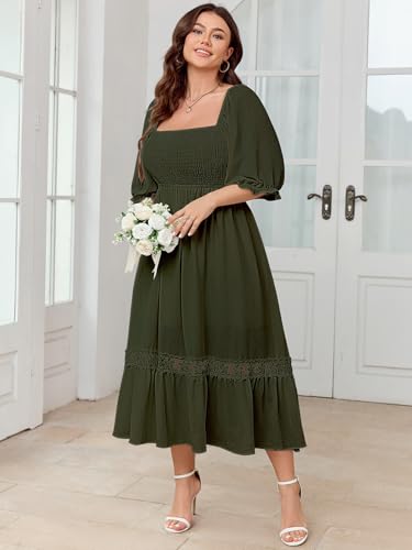 Image of SCOMCHIC Women's Plus Size Boho Maxi Dress Short Sleeve Square Neck Smocked Flowy A-Line Lace Trim Wedding Guest Dresses