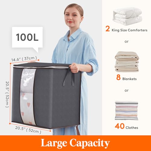 Image of Lifewit 3 Pack 100L Clothes Storage Bins with Lids, Foldable Blanket Storage Bags with Zippers, Clear Window and Reinforced Handles, Closet and Organization for Clothing, Sweater, Comforter, Bedding