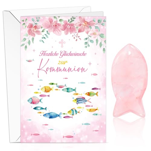 DPKOW Geschenk Kommunion Mädchen Karte mit Umschlag Rosenquarz Edelstein Fisch Karte Erstkommunion Geschenke Mädchen Kommunion Glücksbringer Glücksstein Fisch 3-4 cm