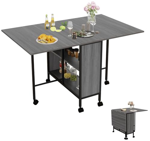 Moderner klappbarer Küchen-Esstisch mit Ablagen und ausziehbarem Tropfenblatt-Design, tragbar auf 6 Rädern, ideal für kleine Räume, Grau