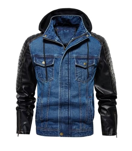 INVACHI Men’s Hooded Denim Trucker Jacket with Faux Leather Patchwork