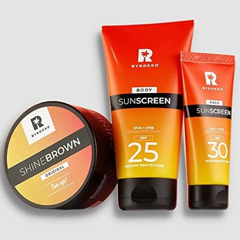 BYROKKO Shine Brown Tan & Protect Bundle 3in1 | Body Sunscreen SPF 25 (150 ml) + Face Sunscreen SPF 30 (50 ml) + Premium Tan-Boosting Cream (190 ml) Cover
