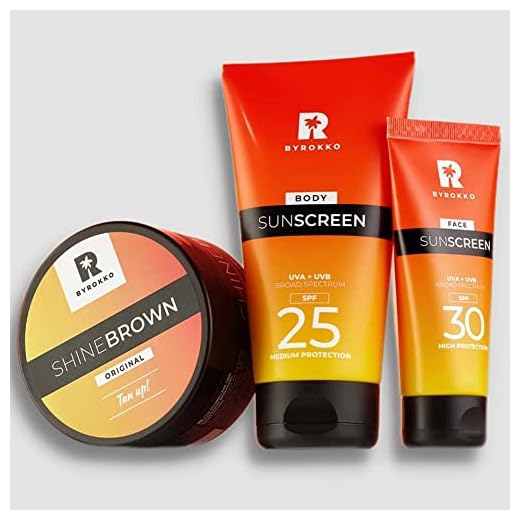 BYROKKO Shine Brown Tan & Protect Bundle 3in1 | Body Sunscreen SPF 25 (150 ml) + Face Sunscreen SPF 30 (50 ml) + Premium Tan-Boosting Cream (210 ml)