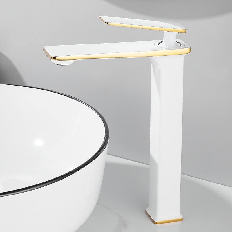 Grifo mezclador de caño alto para renovar el lavabo del baño con estilo moderno blanco y oro