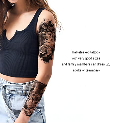 12 Sheet, Large Temporary Tattoo For Adult Men And Women Fake Tattoos Kids Boys Sleeve, Cool Black Lion Cat Wolf Clock Pirate, Fantasy Themed Design Style, #TOP5
