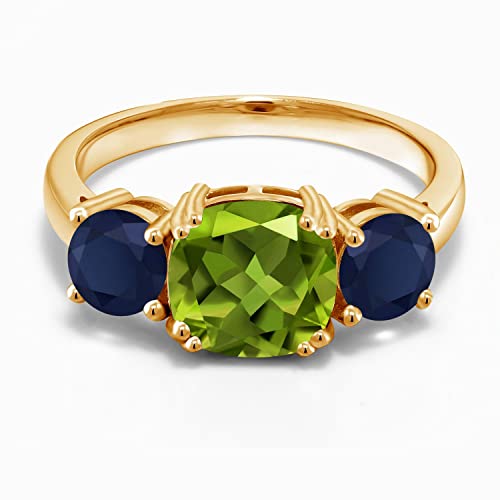 Gem Stone King 18K Yellow Gold Plated Silver Green Peridot and Blue Sapphire 3 Stone Engagement Ring For Women (3.65 Cttw, Gemstone August Birthstone, Cushion 8MM, Available in Size 5,6,7,8,9)2
