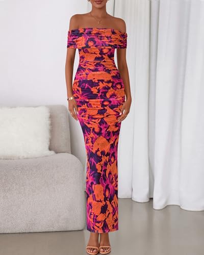 Image of BTFBM Cocktail Dresses for Women 2026 Elegant Classy Off Shoulder Bodycon Mesh Slit Floral Maxi Spring Summer Dress