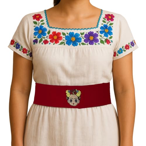 Traditional Mexican Artisanal Waist Belt, Red with doll inspired mexican maria doll Decorative Embroidery