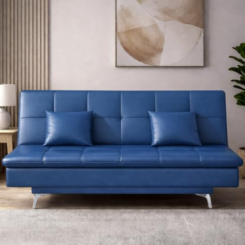 Image of Casaliving Danny 3 Seater Sofa Cum Bed Leatherette Fabric (Blue) with Two Cushions Perfect for |Home Living |Office Room and Guest Room Premium Sofa