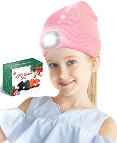 Hat with Torch, Children LED Beanie Hat with Light Rechargeable, Bright Kids Hat with Torch Built in for Warm Gift, Knitted Winter Hat Running Light for Boys Girls, Hat Torch for Camping, Hunting