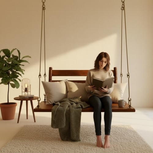Image of APRODZ Swing for Home Reversible Sheesham Wooden Jhula for Adult for Home | Wooden Swing for Balcony | Hanging Swings with Brass Coated Chain | Patio Double Seater Indoor /Outdoor Swing, 132 x 51 cm