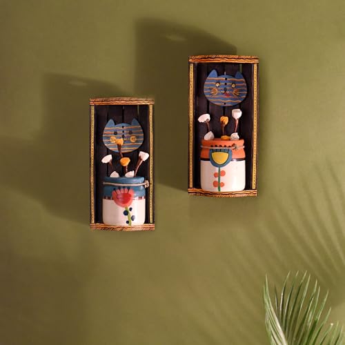 Image of AAKRITI ART CREATIONS Handcrafted Cat Theme Wall Decor with Hanging Floral Art Pots | Wooden & Ceramic Art Set, Matte Finish | Wall Shelf Decor for Home