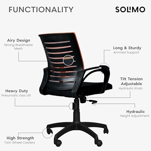 Image of Amazon Brand - Solimo Sitly Mid Back Revolving Office Chair for Work from Home, Study, and Computer Use | Heavy Duty Base | Ergonomic Mesh Design | Durable & Comfortable Seating (Orange Mesh)