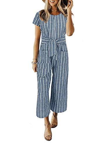 Cosygal Women s Striped Linen Short Sleeves Wide Leg Palazzo Jumpsuit Romper with Zip Pockets Tie Blue Striped Large
