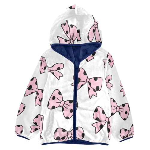 Pink Bows with Black Polka Toddler Fleece Jacket Girl Boys Hooded Fleece Jacket Coat Warm Outwear Zip-up 3-10T
