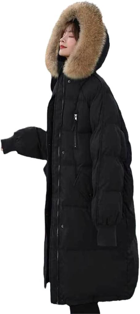 Ladies Solid Oversize Coat, Thick Warm Winter Long Down Jacket, Women Full Sleeve Fur Collar Hooded Parka
