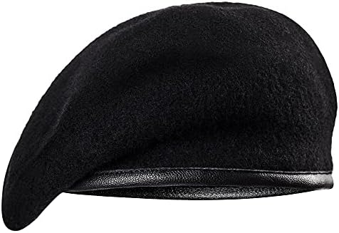 SAALVI 100% Wool and Leather Military Beret for Men and Women Wool Beret Hat, Soft Satin Lining, Black Size Black, 6 3/4