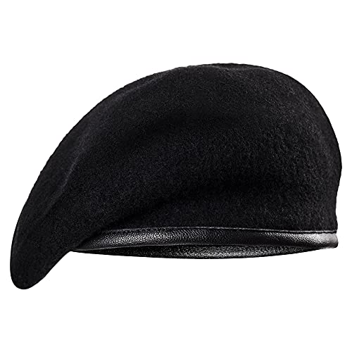 Saalvi 100% Wool And Leather Military Beret For Men And Women Wool Beret Hat, Soft Satin Lining, Black Size Black, 6 3/4 #TOP3