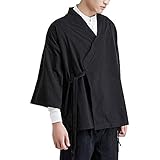 Men's Chinese Hanfu Style Cardigan Wrap Loose Kimono Jacket 3/4 Sleeve Casual Shirt Lightweight Wing Chun Kung Fu Clothes Top (01-Black, XL)