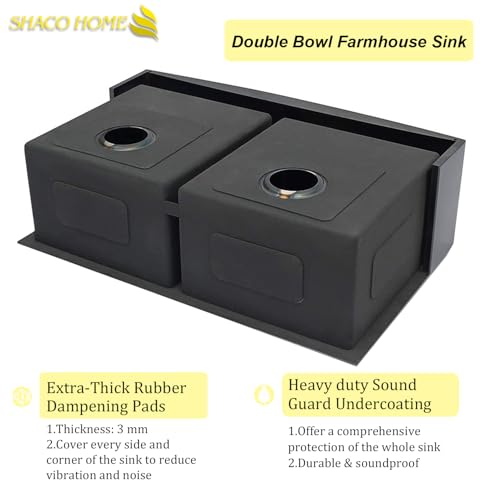 Image of SHACO 50 /50 Double Bowl Black Farmhouse Sink, 33 x 21 Inch Gunmetal Black Stainless Steel 16 Gauge Divided Double Basin Apron Front Farm Kitchen Sink