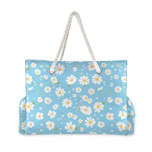 Simple Blue Daisy Portable foldable beach bag for travel with zipper teacher tote bags for women for Pool Gym Grocery Travel2
