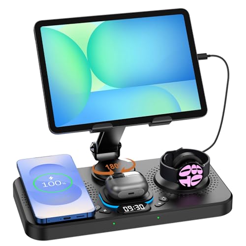 30W Magnetic Wireless Charger for Samsung Foldable Android Mag-Safe Charging Station for Galaxy Tab with Clock &7 Color Light, Watch Charger for S25 Ultra, for Samsung Watch8, Galaxy Buds3 Pro(Black