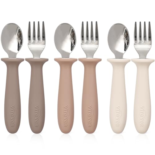 Image of 6 Pieces Toddler Utensils, Children Silverware Set with Silicone Handle, Kids Safe Spoons and Forks, Dishwasher Safe, 18/8 Stainless Steel, Food-grade Silicone，BPA Free - Tan