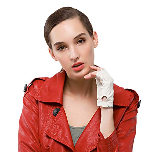 Nappaglo Gants en cuir femme pour conduire Doeskin Demi doights Moto Cycle Gants sans doigts (M (périmètre de la paume:18.4cm), Blanc)