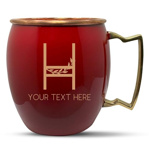Custom Copper Moscow Mule with Smooth Painted Finish - Engraved Bar Style 100% Copper Cup with Personalized Hollow Vines Letter Monogram Themed Engraving, Brass Handle | 18 oz, Red