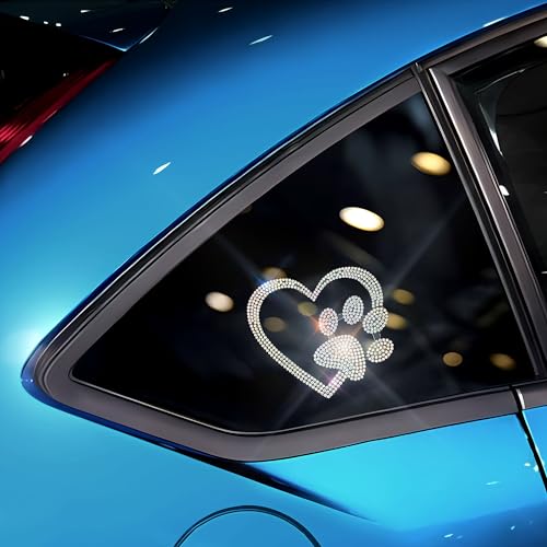 Image of 2Pcs Car Bling Stickers and Decals for Women Rhinestone Stickers Heart with Dog Paw Bling Car Accessories Mobile Phones Tablets Computers Notepads Water Cups Stickers Decals and Decorations