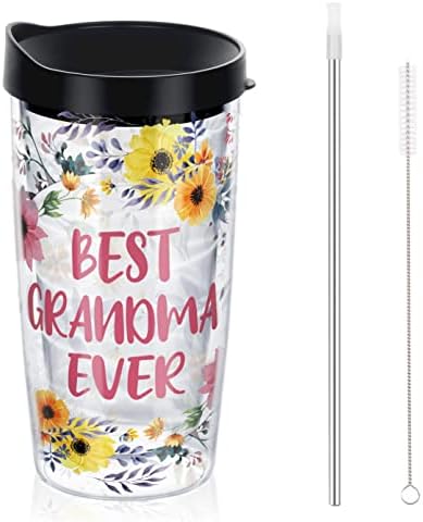 DAZLUTE Grandma Tumbler, Grandma Gifts for Christmas Birthday Mother’s Day, Best Grandma Ever Double Walled Floral Tumbler from Grandchild, Plastic Insulated Tumbler Cup With Lid and Straw, 16oz
