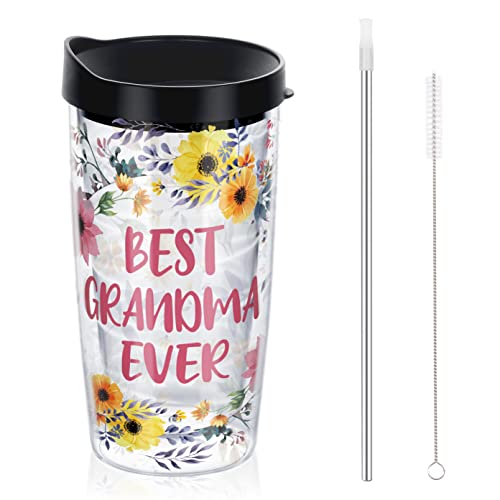 Dazlute Grandma Tumbler, Grandma Gifts For Christmas Birthday Mother’s Day, Best Grandma Ever Double Walled Floral Tumbler From Grandchild, Plastic Insulated Tumbler Cup With Lid And Straw, 16Oz #TOP6