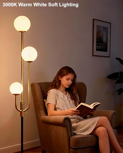 Image of Lightdot 66IN Globe Floor Lamp 3-Lights Vintage Floor Lamps with 3000K Warm White Bulbs Included for Wedding Party Modern Tall Standing Lamp with 5Lbs Heavy Basefor Living Room /Bedroom-Gold & Black