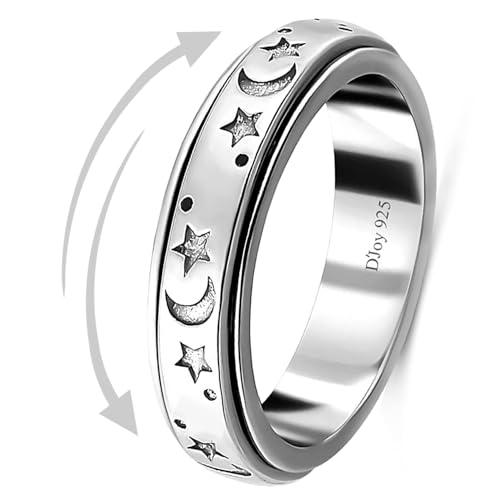 925 Sterling Silver Spinner Fidget Ring for Women – Moon Star Platinum Plated Anxiety Ring - Stress Relief Statement Jewelry