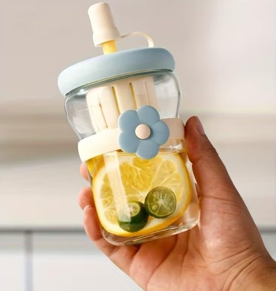 Image of Borosilicate Glass Fruit Infuser Water Bottle 500 ml with Straw & Leakproof Lid | BPA-Free Reusable Glass Bottle for Detox Water, Green Tea, Fruit Infusion & Juice | Multicolor