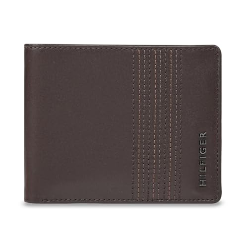 Image of Tommy Hilfiger Men's Leather Wallet Pocos | Brown Solid Passcase Bi-Fold with 12 Card Slots | Stylish Purse for Gents